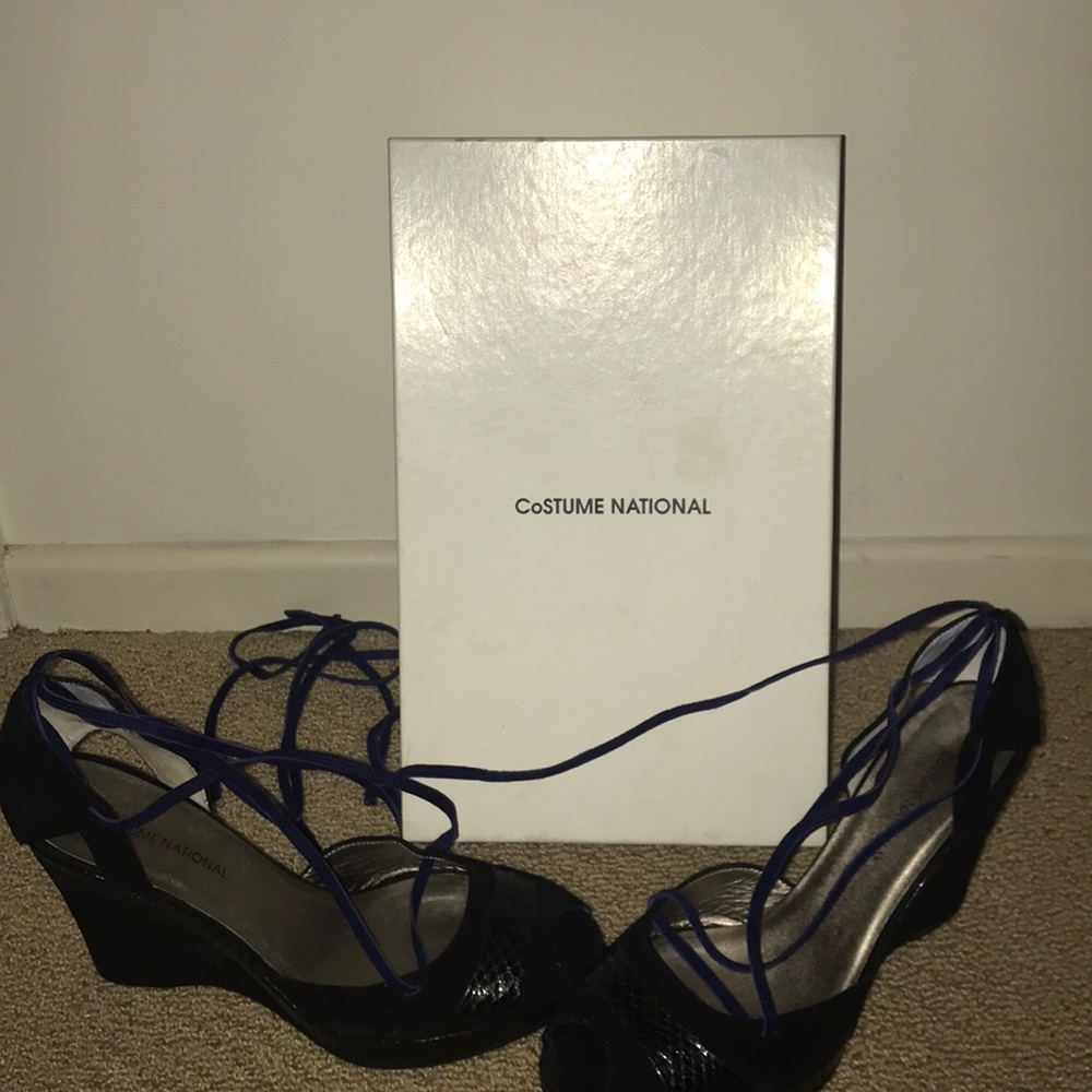 Navy Suede/leather tie up wedge heels